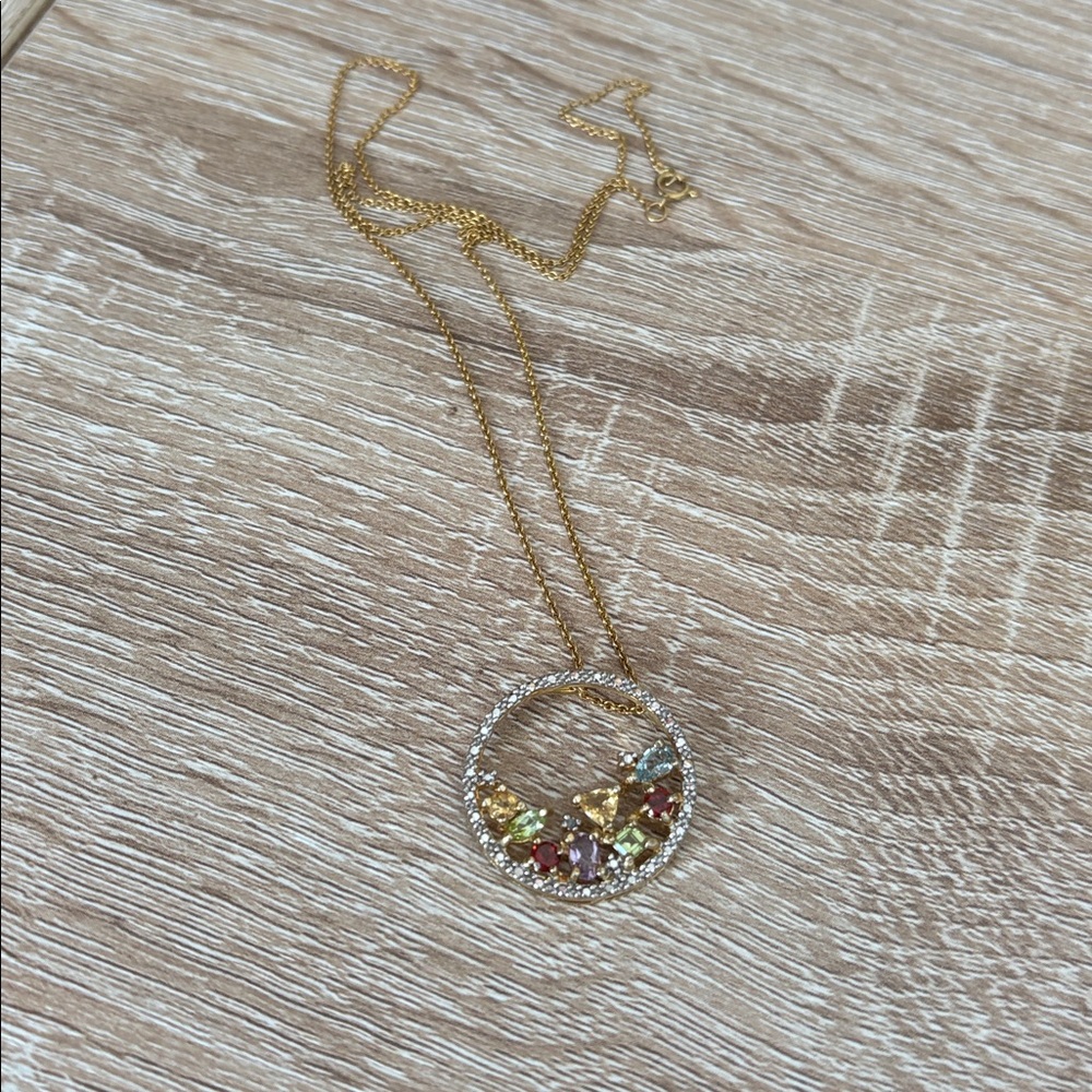Vintage 925FAS Multi colored gemstone Circle Pendant Necklace